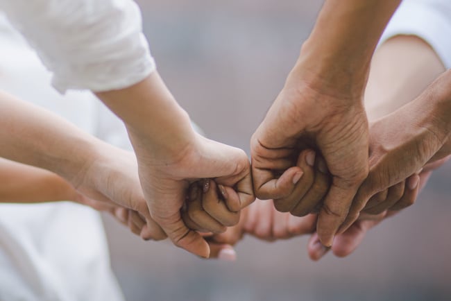 Panoramic teamwork business join hand together concept, Business team standing hands together, Volunteer charity work. People joining for cooperation success business.