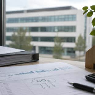 Das Bild zeigt einen Schreibtisch in einem Büro, auf Unterlagen zur Berechnung der CO₂-Kosten bei Gewerbeimmobilien liegen, dahinter blickt man durch ein Fenster auf ein Bürogebäude in einem Business Park.