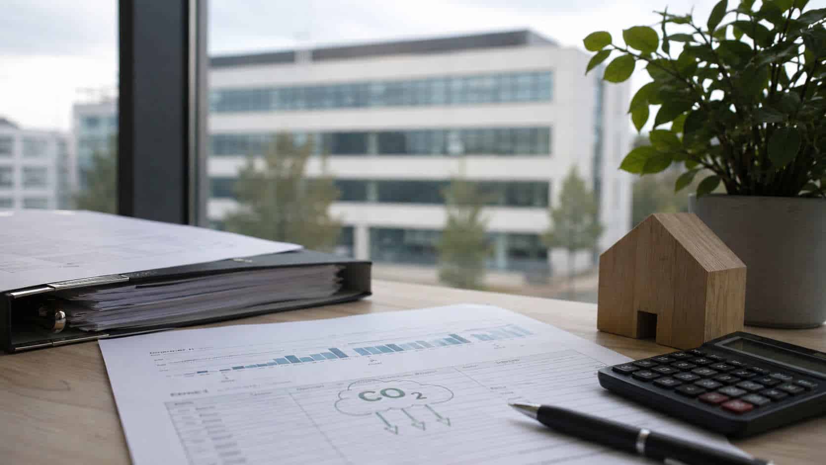 Das Bild zeigt einen Schreibtisch in einem Büro, auf Unterlagen zur Berechnung der CO₂-Kosten bei Gewerbeimmobilien liegen, dahinter blickt man durch ein Fenster auf ein Bürogebäude in einem Business Park.